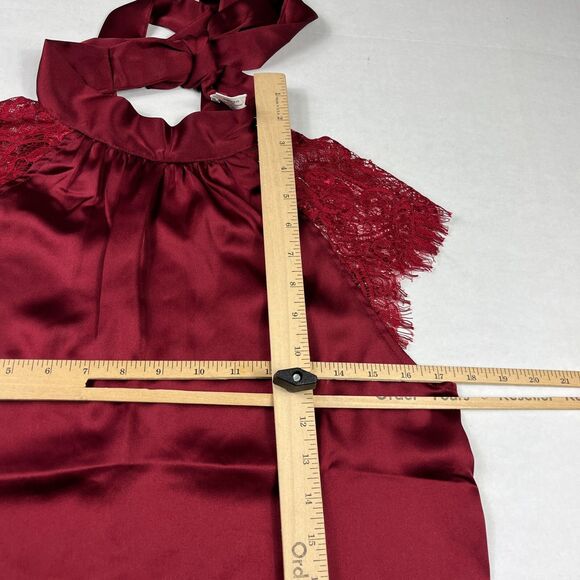 Nicole Miller New York Satin Neck Tie Blouse Red Lace Short Sleeve Shirt SMALL - Picture 8 of 11